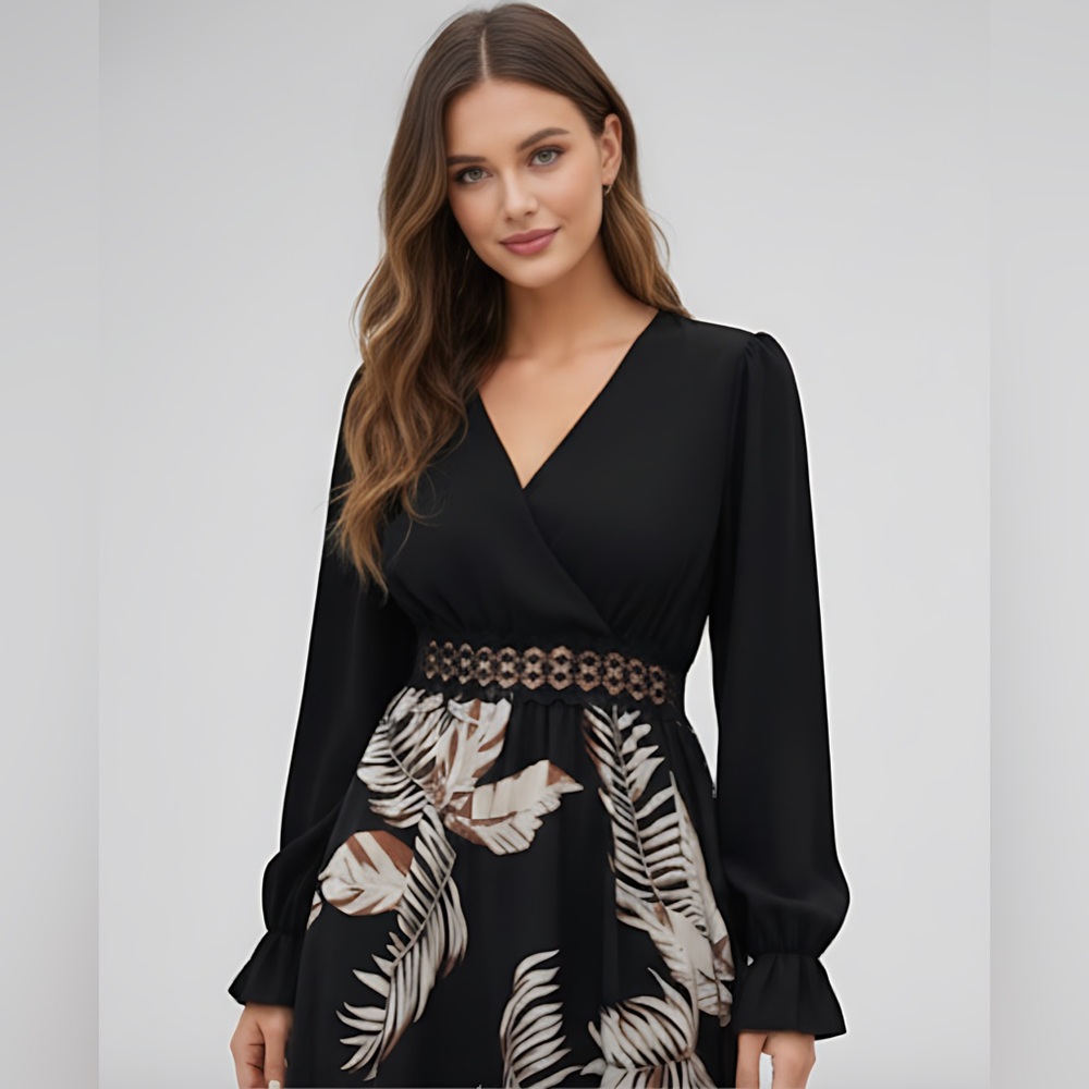 LAST ONE 🔥 Tropical Print Guipure Lace Insert Flounce Sleeve Dress